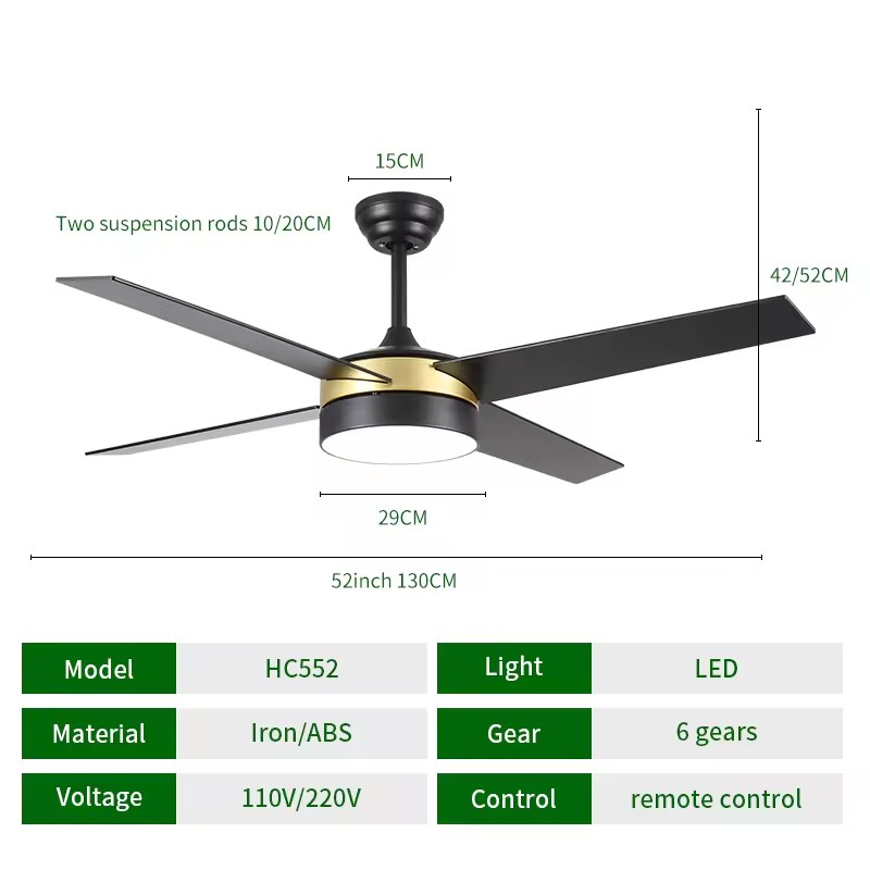DC Motor HC552 Big 3 Blades Iron ABS 52 Inches Remote APP Control Timing Set Light LED Ceiling Fan