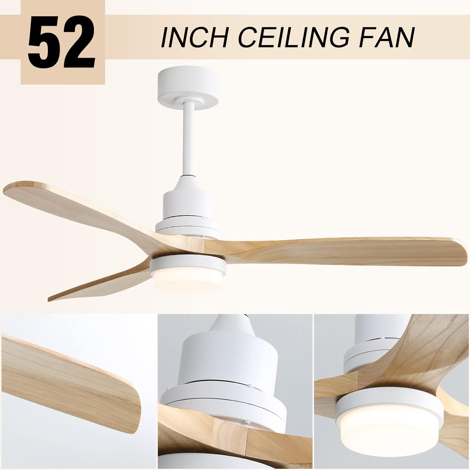 52 “Ceiling Fan with light Modern wooden ceiling fan Remote Control Dimmable LED Light 3 blade reversible DC motor for Farmhouse bedroom Living Room Terrace with Cover (Burlywood)