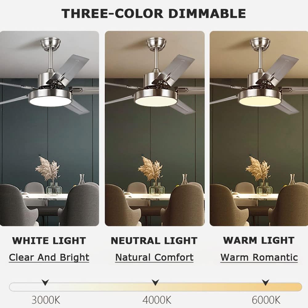 Stainless Steel Ceiling Fan With Light And Remote 42 Inch Smart Ceiling Fan With Light Modern Dimmable Outdoor Ceiling Fans LED Low Profile Ceiling Fan With Light