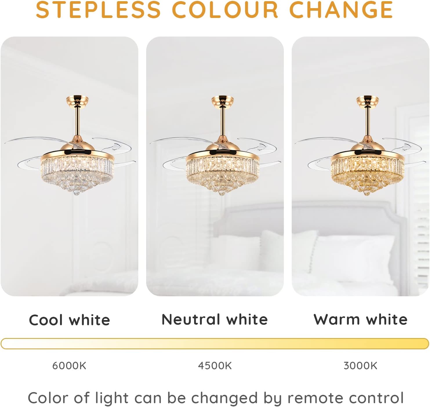 48-inch crystal ceiling fan with lights and remote control Modern dimmer chandelier Invisible retractable chandelier fan Gold bedroom living room