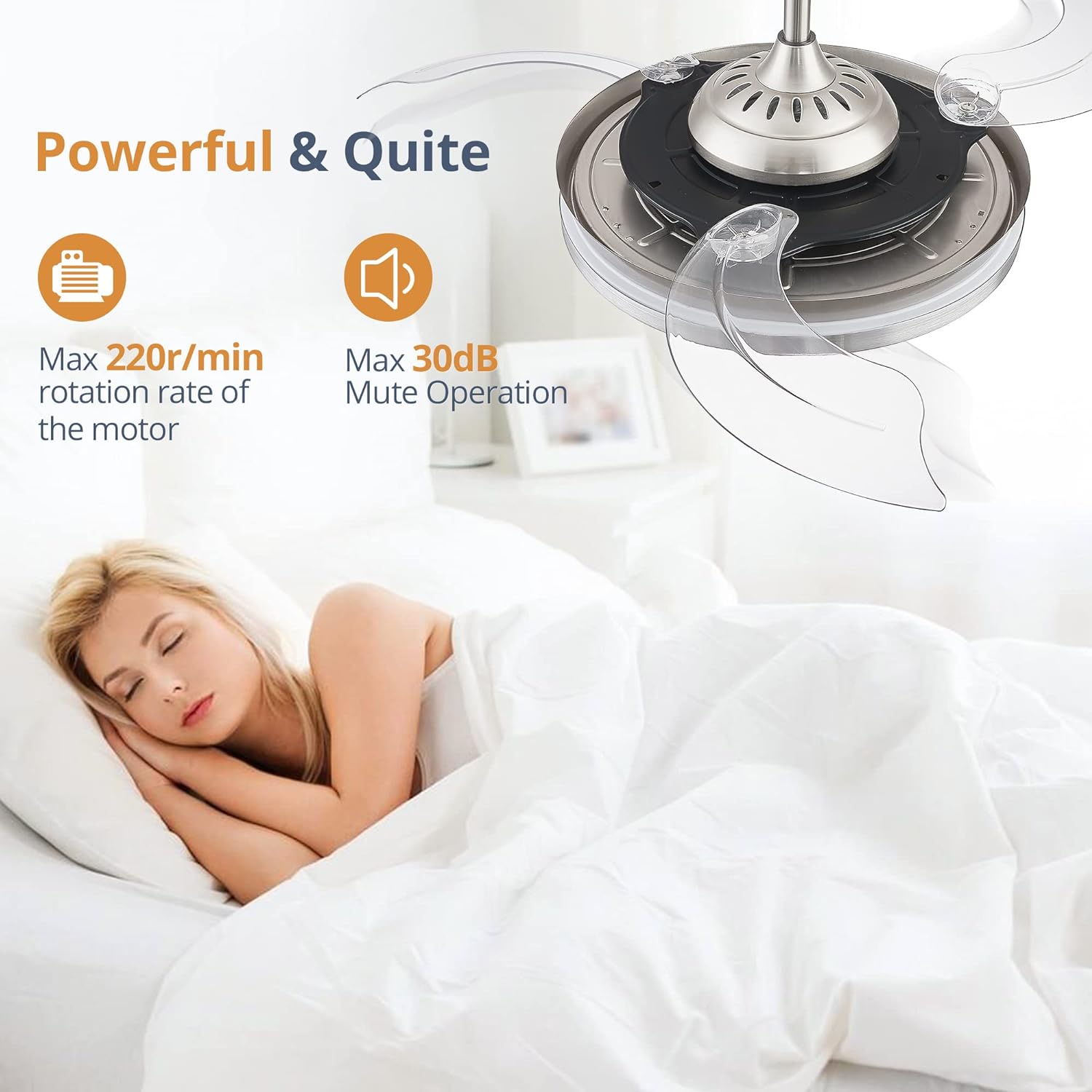 Retractable ceiling fan with light and remote control,42 inch (approx. 106.6 cm) bladeless ceiling fan with LED lighting, smart modern ceiling fan, stepless color change, dimmable, timer setting – brushed nickel